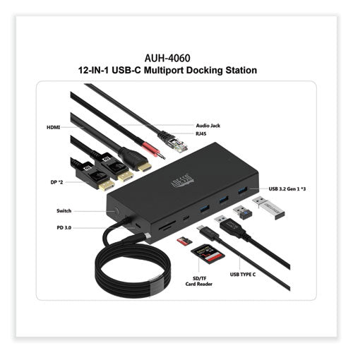 Image of Adesso 12-in-1 USB-C Multi-Port TAA Compliant Docking Station, Black