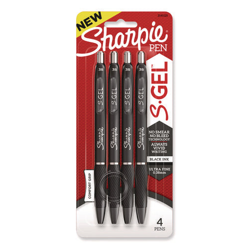 Image of Sharpie® S-Gel S-Gel High-Performance Gel Pen, Retractable, Extra-Fine 0.38 mm, Black Ink, Black Barrel, 4/Pack