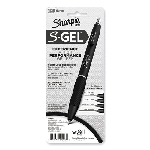 Image of Sharpie® S-Gel S-Gel High-Performance Gel Pen, Retractable, Extra-Fine 0.38 mm, Black Ink, Black Barrel, 4/Pack