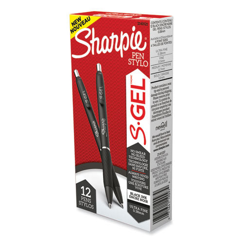 Image of Sharpie® S-Gel S-Gel High-Performance Gel Pen, Retractable, Extra-Fine 0.38 Mm, Black Ink, Black Barrel, Dozen