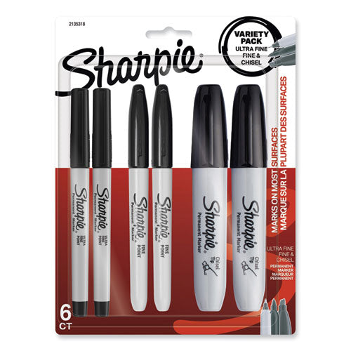 Image of Sharpie® Mixed Point Size Permanent Markers, Assorted Tip Sizes/types, Black, 6/pack