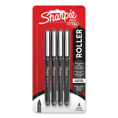 Image of Sharpie® Roller Professional Design Rollerball Pen, Stick, Fine 0.5 mm, Black Ink, Black Barrel, 4/Pack
