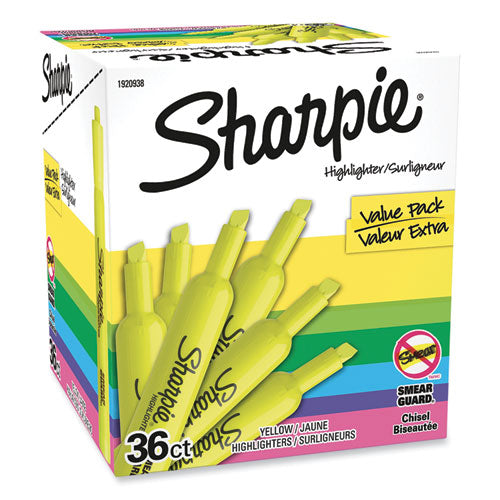 Image of Sharpie® Tank Style Highlighter Value Pack, Fluorescent Yellow Ink, Chisel Tip, Yellow Barrel, 36/box