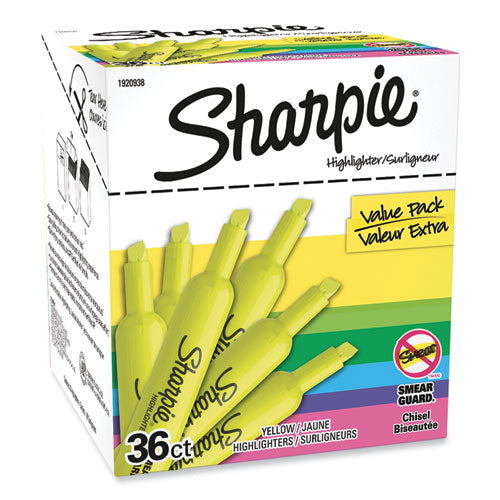 Image of Sharpie® Tank Style Highlighter Value Pack, Fluorescent Yellow Ink, Chisel Tip, Yellow Barrel, 36/box