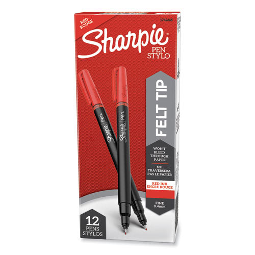 Image of Sharpie® Water-Resistant Ink Porous Point Pen, Stick, Fine 0.4 mm, Red Ink, Black/Red Barrel, Dozen