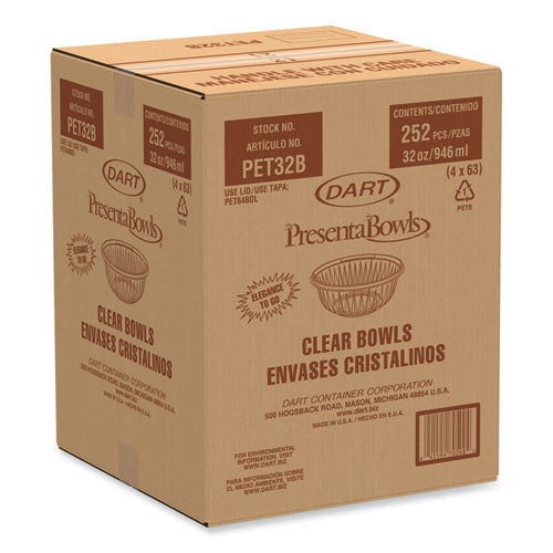Image of Dart® PresentaBowls Clear Bowls, 32 oz, Plastic, 63/Bag, 4 Bags/Carton, 252 Bowls/Carton