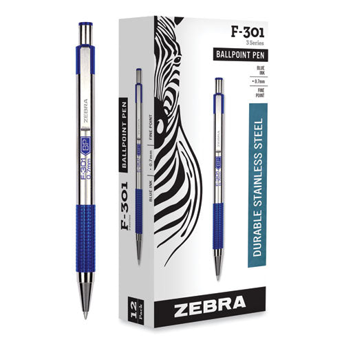 Image of Zebra® F-301 Ballpoint Pen, Retractable, Fine 0.7 Mm, Blue Ink, Stainless Steel/blue Barrel