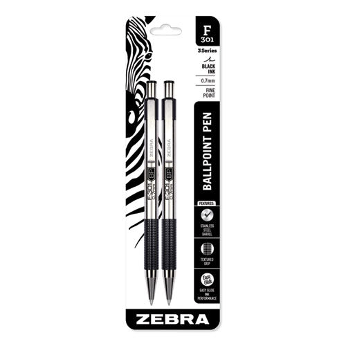 Image of Zebra® F-301 Ballpoint Pen, Retractable, Fine 0.7 Mm, Black Ink, Stainless Steel/black Barrel, 2/pack