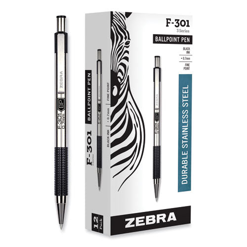 Image of Zebra® F-301 Ballpoint Pen, Retractable, Fine 0.7 Mm, Black Ink, Stainless Steel/black Barrel