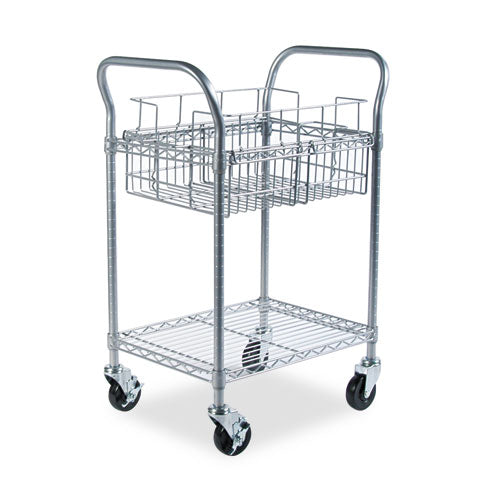 Image of Safco® Dual-Purpose Wire Mail and Filing Cart, Metal, 1 Shelf, 1 Bin, 26.75" x 18.75" x 38.5", Metallic Gray