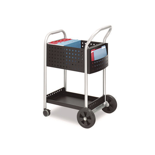 Image of Safco® Scoot Dual-Purpose Mail and Filing Cart, Metal, 1 Shelf, 2 Bins, 22" x 27" x 40.5", Black/Silver