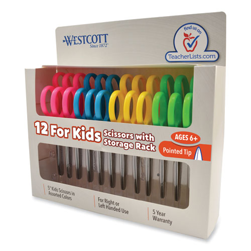 Image of Westcott® For Kids Scissors Teacher's Pack, Pointed Tip, 5" Long, 1.75" Cut Length, Straight Assorted Color Handles, 12/Pack