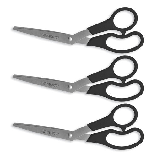 Image of Westcott® Value Line Stainless Steel Shears Value Pack, 8" Long, 3.5" Cut Length, Crane-Style Black Handle, 3/Pack