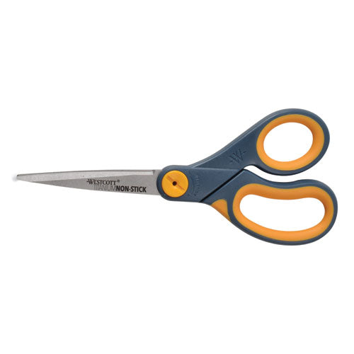 Image of Westcott® Non-Stick Titanium Bonded Scissors, 8" Long, 3.25" Cut Length, Straight Gray/Yellow Handle, 3/Pack