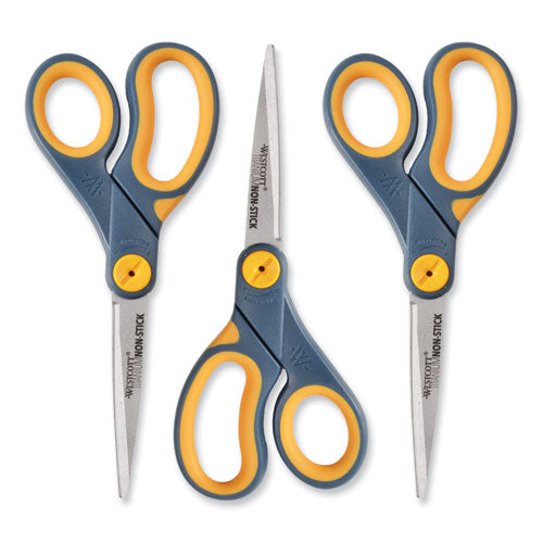 Image of Westcott® Non-Stick Titanium Bonded Scissors, 8" Long, 3.25" Cut Length, Straight Gray/Yellow Handle, 3/Pack