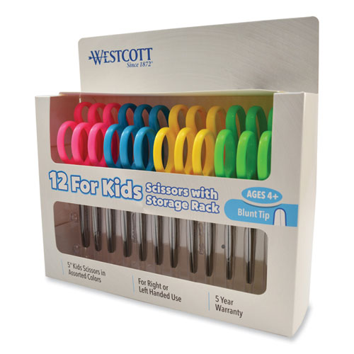 Image of Westcott® For Kids Scissors Teacher's Pack, Rounded Tip, 5" Long, 1.75" Cut Length, Straight Assorted Color Handles, 12/Pack