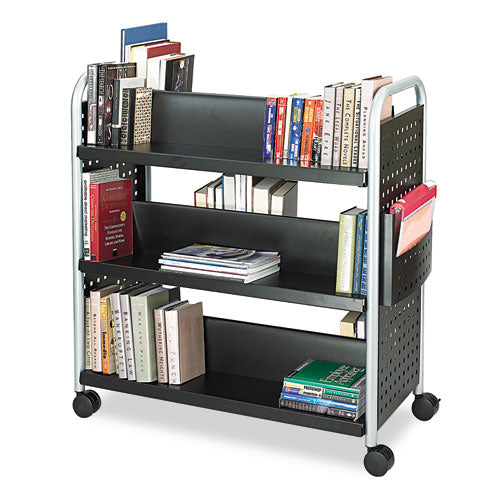 Image of Safco® Scoot Double-Sided Book Cart, Metal, 6 Shelves, 1 Bin, 41.25" x 17.75" x 41.25", Black