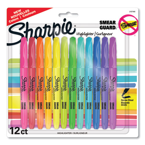 Image of Sharpie® Pocket Style Highlighters, Assorted Ink Colors, Chisel Tip, Assorted Barrel Colors, 12/Pack