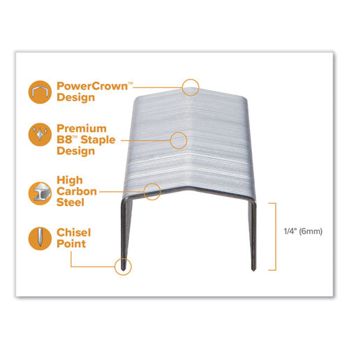 Image of Bostitch® B8 Powercrown Premium Staples, 0.25" Leg, 0.5" Crown, Steel, 5,000/box