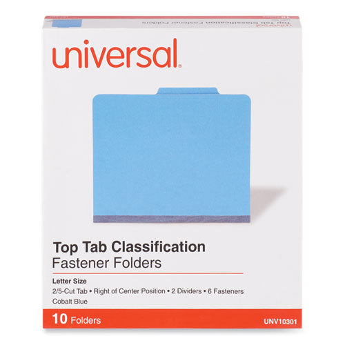 Image of Universal® Bright Colored Pressboard Classification Folders, 2" Expansion, 2 Dividers, 6 Fasteners, Letter Size, Cobalt Blue, 10/Box
