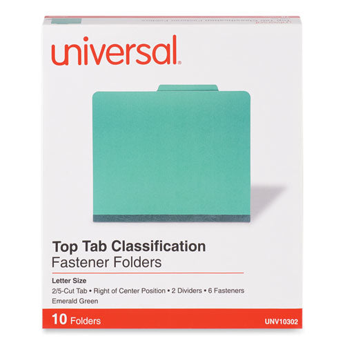 Image of Universal® Bright Colored Pressboard Classification Folders, 2" Expansion, 2 Dividers, 6 Fasteners, Letter Size, Emerald Green, 10/Box