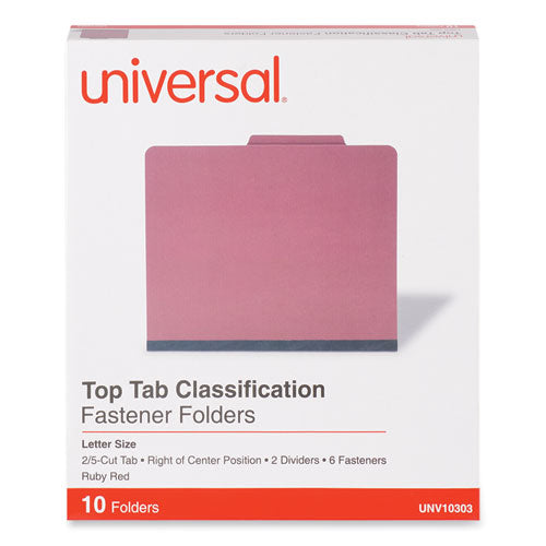 Image of Universal® Bright Colored Pressboard Classification Folders, 2" Expansion, 2 Dividers, 6 Fasteners, Letter Size, Ruby Red, 10/Box