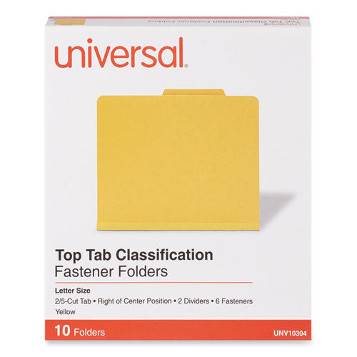 Image of Universal® Bright Colored Pressboard Classification Folders, 2" Expansion, 2 Dividers, 6 Fasteners, Letter Size, Yellow Exterior, 10/Box