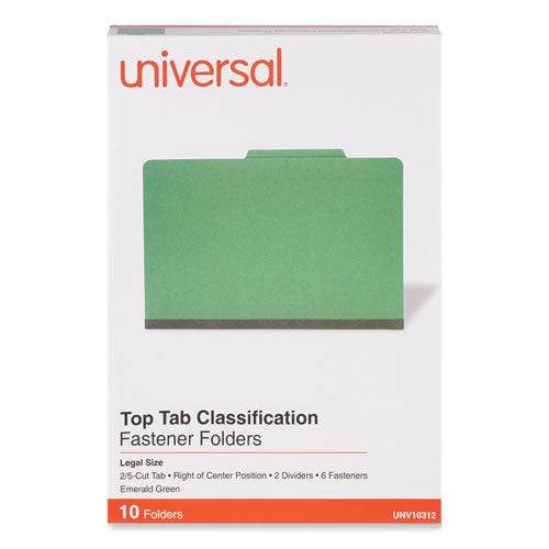 Image of Universal® Bright Colored Pressboard Classification Folders, 2" Expansion, 2 Dividers, 6 Fasteners, Legal Size, Emerald Green, 10/Box