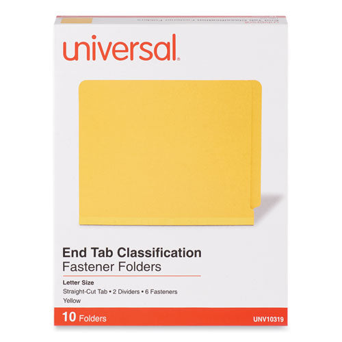 Image of Universal® Deluxe Six-Section Pressboard End Tab Classification Folders, 2 Dividers, 6 Fasteners, Letter Size, Yellow, 10/Box