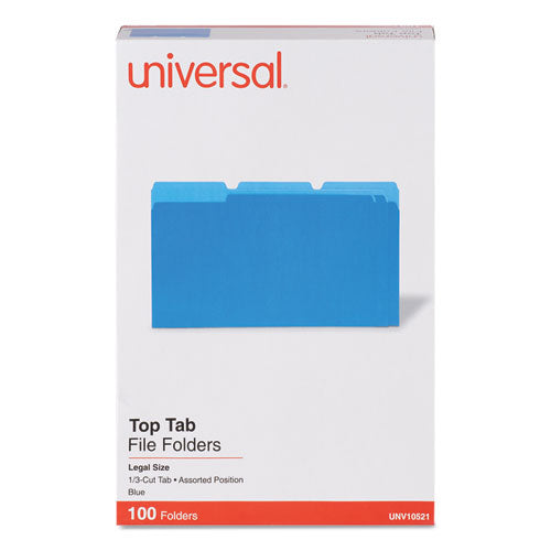 Image of Universal® Deluxe Colored Top Tab File Folders, 1/3-Cut Tabs: Assorted, Legal Size, Blue/Light Blue, 100/Box