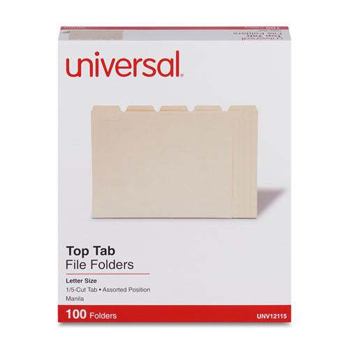 Image of Universal® Top Tab File Folders, 1/5-Cut Tabs: Assorted, Letter Size, 0.75" Expansion, Manila, 100/Box