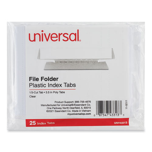 Image of Universal® Hanging File Folder Plastic Index Tabs, 1/3-Cut, Clear, 3.7" Wide, 25/Pack