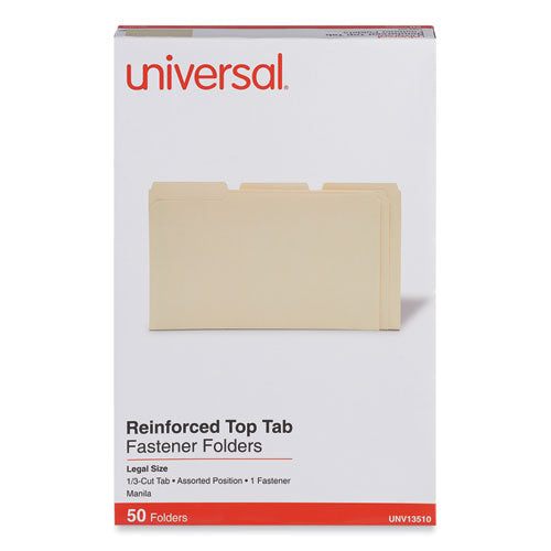 Image of Universal® Reinforced Top Tab Fastener Folders, 0.75" Expansion, 1 Fastener, Legal Size, Manila Exterior, 50/Box