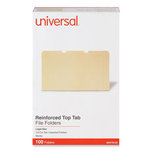 Image of Universal® Double-Ply Top Tab Manila File Folders, 1/3-Cut Tabs: Assorted, Legal Size, 0.75" Expansion, Manila, 100/Box