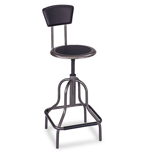 Image of Safco® Diesel Industrial Stool with Back, Supports Up to 250 lb, 22" to 27" Seat Height, Black Seat/Back, Pewter Base