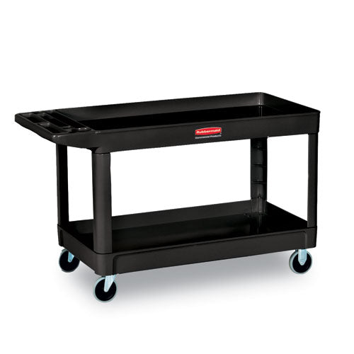 Image of Rubbermaid® Commercial Heavy-Duty Flat-Handle Maintenance/Utility Cart, Plastic, 2 Shelves, 500 lb Capacity, 24" x 40" x 31.25", Black