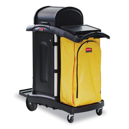 Image of Rubbermaid® Commercial High-Security Healthcare Cleaning Cart, Metal, 4 Shelves, 1 Bin, 22" x 48.25" x 53.5", Black