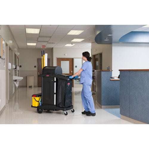 Image of Rubbermaid® Commercial Executive High Security Janitorial Cleaning Cart, Plastic, 4 Shelves, 1 Bin, 23.1" x 39.6" x 27.5", Black