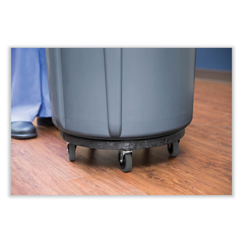 Image of Rubbermaid® Commercial Brute Round Twist On/Off Dolly, 250 lb Capacity, 18" dia x 6.63"h, Fits 20 to 55 Gallon BRUTE Containers, Black