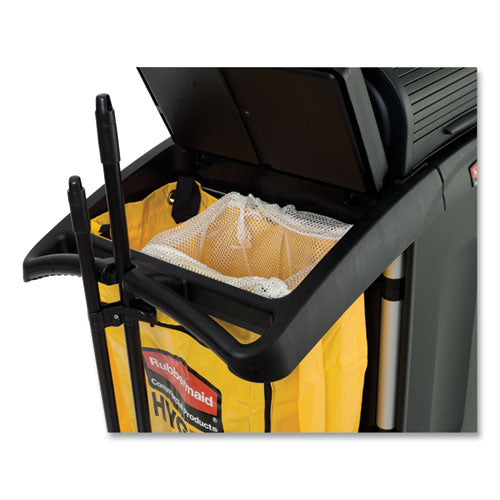 Image of Rubbermaid® Commercial High-Security Healthcare Cleaning Cart, Metal, 4 Shelves, 1 Bin, 22" x 48.25" x 53.5", Black