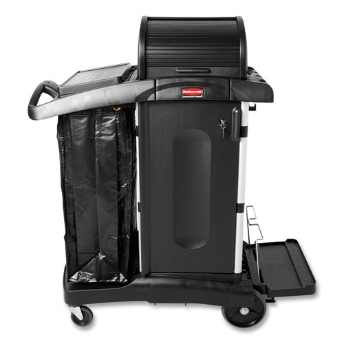 Image of Rubbermaid® Commercial Executive High Security Janitorial Cleaning Cart, Plastic, 4 Shelves, 1 Bin, 23.1" x 39.6" x 27.5", Black
