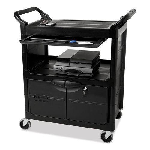 Image of Rubbermaid® Commercial Utility Cart with Locking Doors, Plastic, 3 Shelves, 200 lb Capacity, 33.63" x 18.63" x 37.75", Black