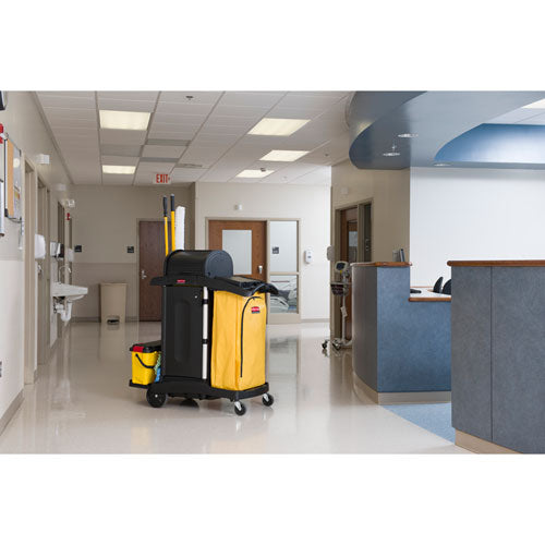 Image of Rubbermaid® Commercial High-Security Healthcare Cleaning Cart, Metal, 4 Shelves, 1 Bin, 22" x 48.25" x 53.5", Black