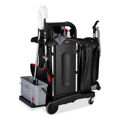 Image of Rubbermaid® Commercial Executive High Security Janitorial Cleaning Cart, Plastic, 4 Shelves, 1 Bin, 23.1" x 39.6" x 27.5", Black