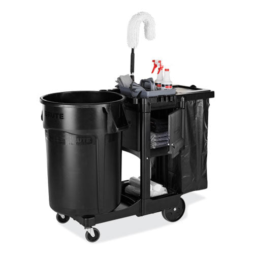 Image of Rubbermaid® Commercial Executive Janitorial Cleaning Cart, Plastic, 4 Shelves, 1 Bin, 12.1" x 22.4" x 23", Black