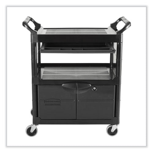 Image of Rubbermaid® Commercial Utility Cart with Locking Doors, Plastic, 3 Shelves, 200 lb Capacity, 33.63" x 18.63" x 37.75", Black