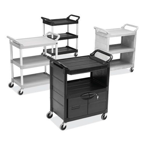 Image of Rubbermaid® Commercial Utility Cart with Locking Doors, Plastic, 3 Shelves, 200 lb Capacity, 33.63" x 18.63" x 37.75", Black