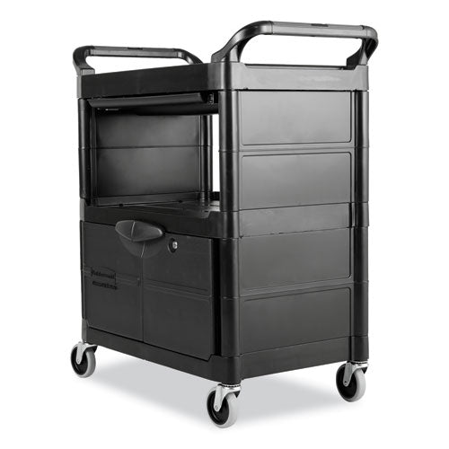 Image of Rubbermaid® Commercial Utility Cart with Locking Doors, Plastic, 3 Shelves, 200 lb Capacity, 33.63" x 18.63" x 37.75", Black
