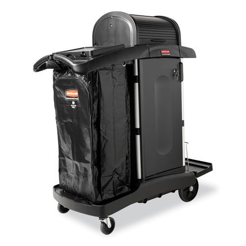 Image of Rubbermaid® Commercial Executive High Security Janitorial Cleaning Cart, Plastic, 4 Shelves, 1 Bin, 23.1" x 39.6" x 27.5", Black