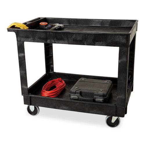 Image of Rubbermaid® Commercial Heavy-Duty Flat-Handle Maintenance/Utility Cart, Plastic, 2 Shelves, 500 lb Capacity, 24" x 40" x 31.25", Black